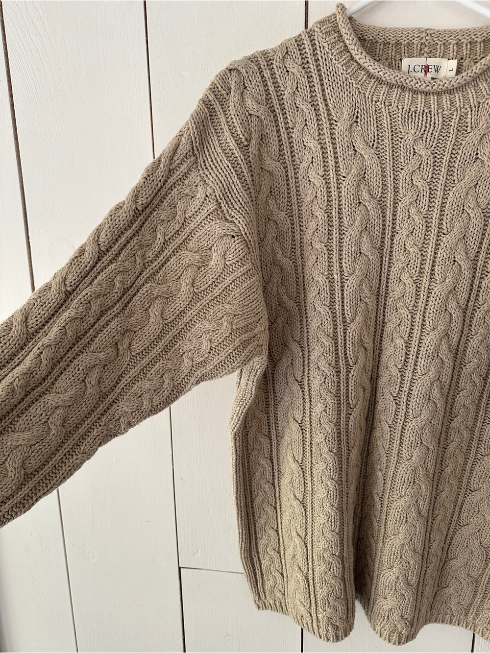 J.Crew 90s Oarsmen Rollneck Cable-Knit Sweater L Cotton Linen Cream Fisherman - Picture 4 of 7